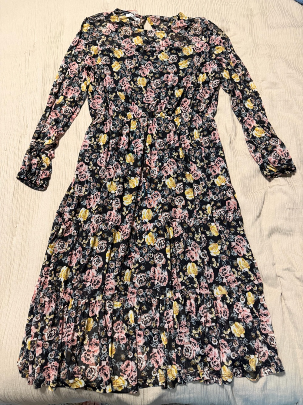 Maurices Floral Tiered Midi Dress - Pink & Yellow Flowers on Black